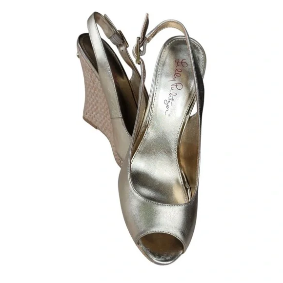 Lily Pulitzer Kristen Peep Toe Gold Wedge Sandals size 10 - Picture 9 of 10
